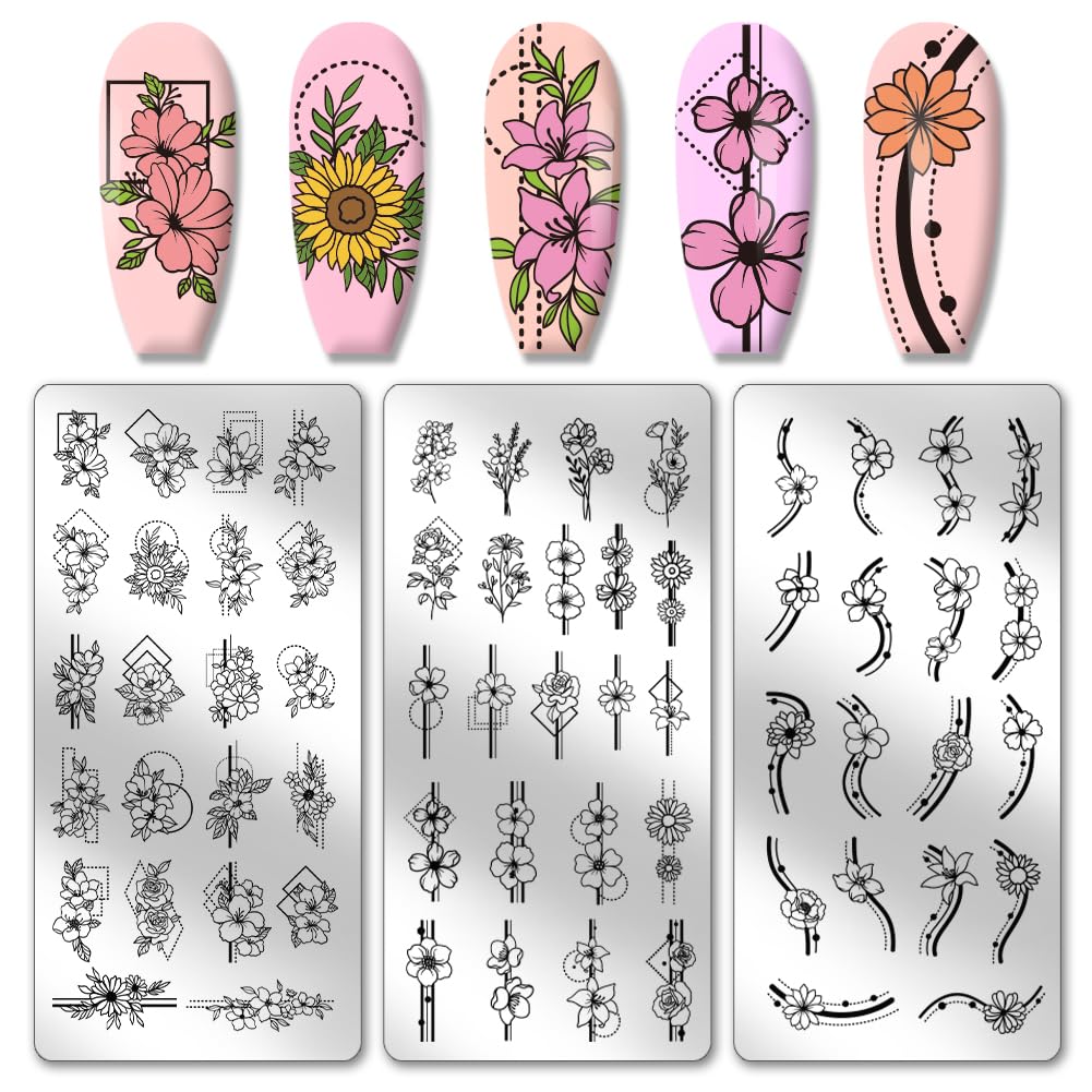 PH PandaHall 3pcs Border Flowers Nail Stamp Plates, Geometric Line Flowers Nail Stamper Plant Nail Art Stencils Print Nail Stencils Stainless Steel Nail Image Plate for Nail Art Design Manicure Salon