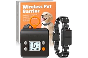 FLYSPEAR Wireless Pet Barrier - Rechargeable Indoor Barrier with 6 Adjustable Range Radius up to 7 ft, 6 Adjustable Safe Static Intensity, Electric Fence System for Dogs with Hook(Black)