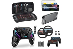 BINBOK VR Switch 2 Accessories Bundle for Nintendo, 16 in 1 Kit: Carrying Case, Hall Effect Joystick Controller, Screen Protector with Auto-Alignment OneTouch, Steering Wheel, Grip for Joycon, Protective Case