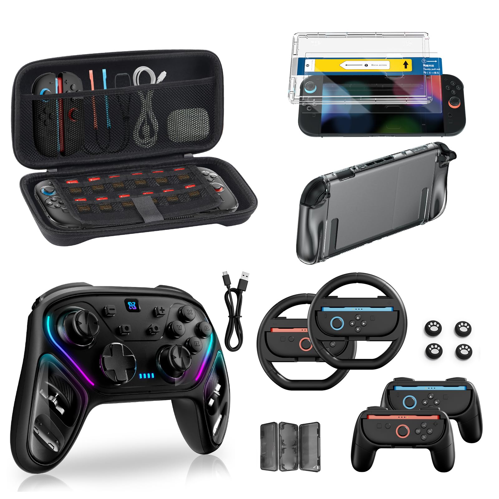 Pro Controller Accessories Bundle for Nintendo Switch 2, 17-in-1: Carrying Case, Screen Protector, Thumb Grip for Joycon, Dockable Console Protective Cover Shell, Steering Wheel, 2025 Switch2 Game Kit Image