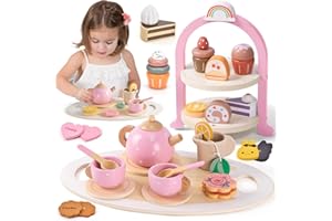Atoylink Wooden Tea Party Set for Little Girls Toys Kids Play Kitchen Toddler Tea Set with Play Food & Cupcake Stand Pretend Play Wooden Toys for 2 3 4 5 6 Year Old Girl Christmas Birthday Gift, Pink