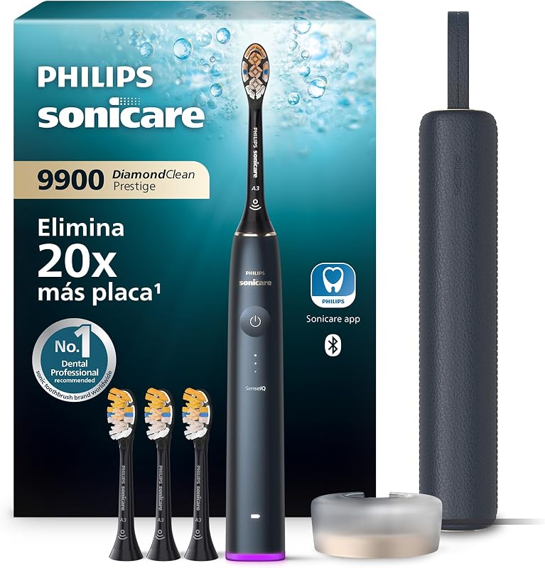 Sonicare DiamondClean 9900 Prestige cepillo dental eléctrico, con tecnología SenseIQ y aplicación, 5 modos de cepillado, estuche de viaje con carga, azul medianoche, modelo HX9992/45