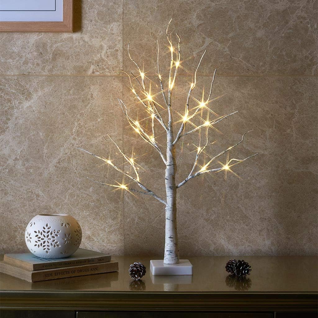 Trees - EAMBRITE Tabletop Tree Christmas Decorations, Mini Birch Tree with Lights, 24 LED Lighted Money Tree White Twig Tree Battery Operated with Timer, Home Centerpiece, Indoor Decor(2FT/Warm White)