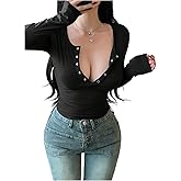 Milumia Women's Ribbed Long Sleeve Henley T Shirt Half Button Fitted Going Out Tee Tops