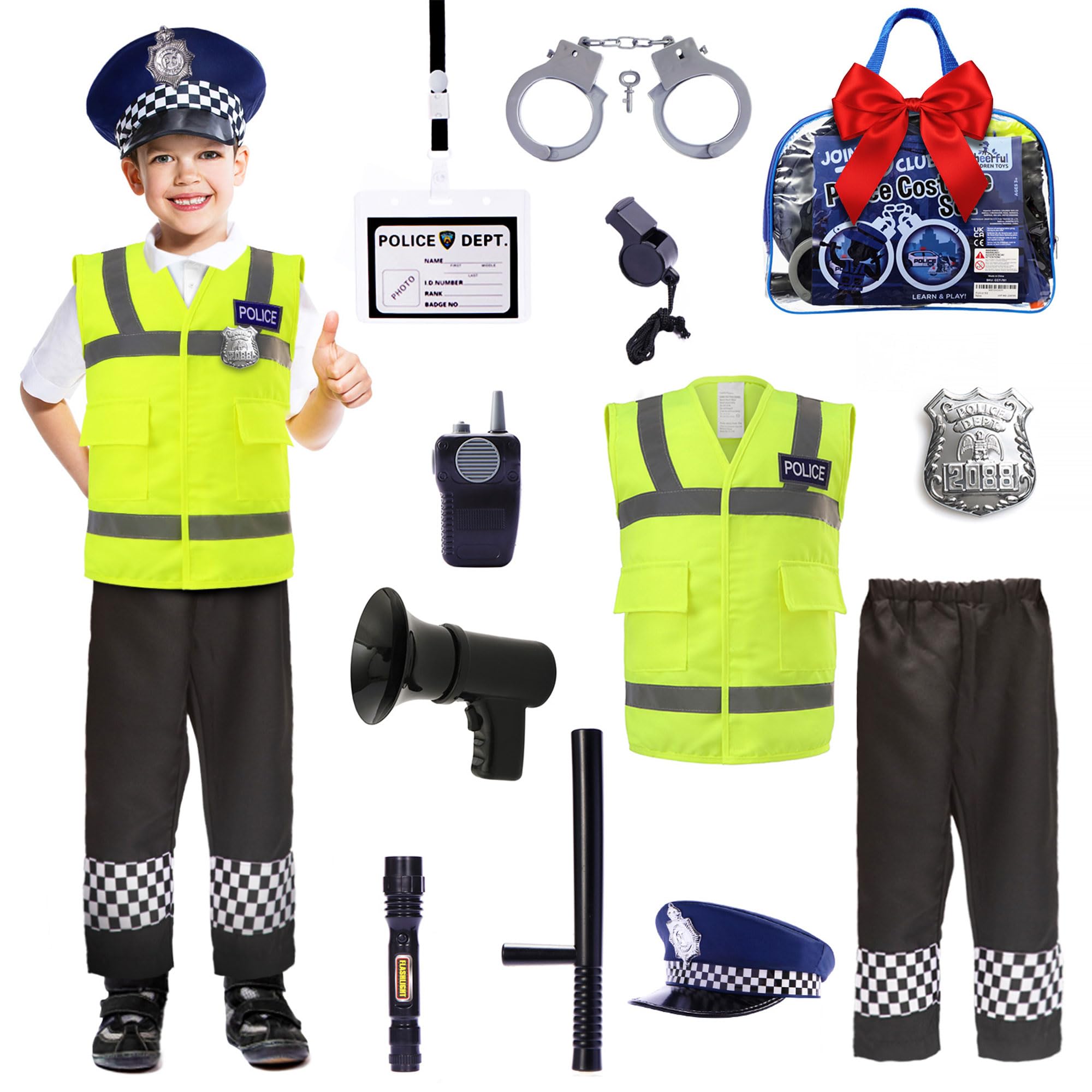 Police Costume Kids Ages 3-7, Complete Officer Set with Hat, Vest, Trousers & Siren Sound Walkie Talkie, Fancy Dress Roleplay Outfit for Halloween & Parties (Yellow Police Costume With Trousers) — image 1