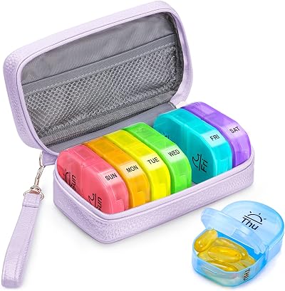 AUVON Weekly Pill Organiser with Purple PU Leather Bag 7 Day 2 Daily AM PM