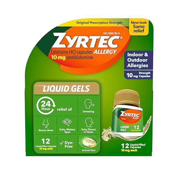 ZYRTEC 24 HOUR ALLERGY RELIEF LIQUID GELS, ANTIHISTAMINE CAPSULES WITH CETIRIZINE HCL ALLERGY MEDICINE FOR ALL-DAY RELIEF FROM RUNNY NOSE, SNEEZING, ITCHY EYES & MORE, 12 COUNT