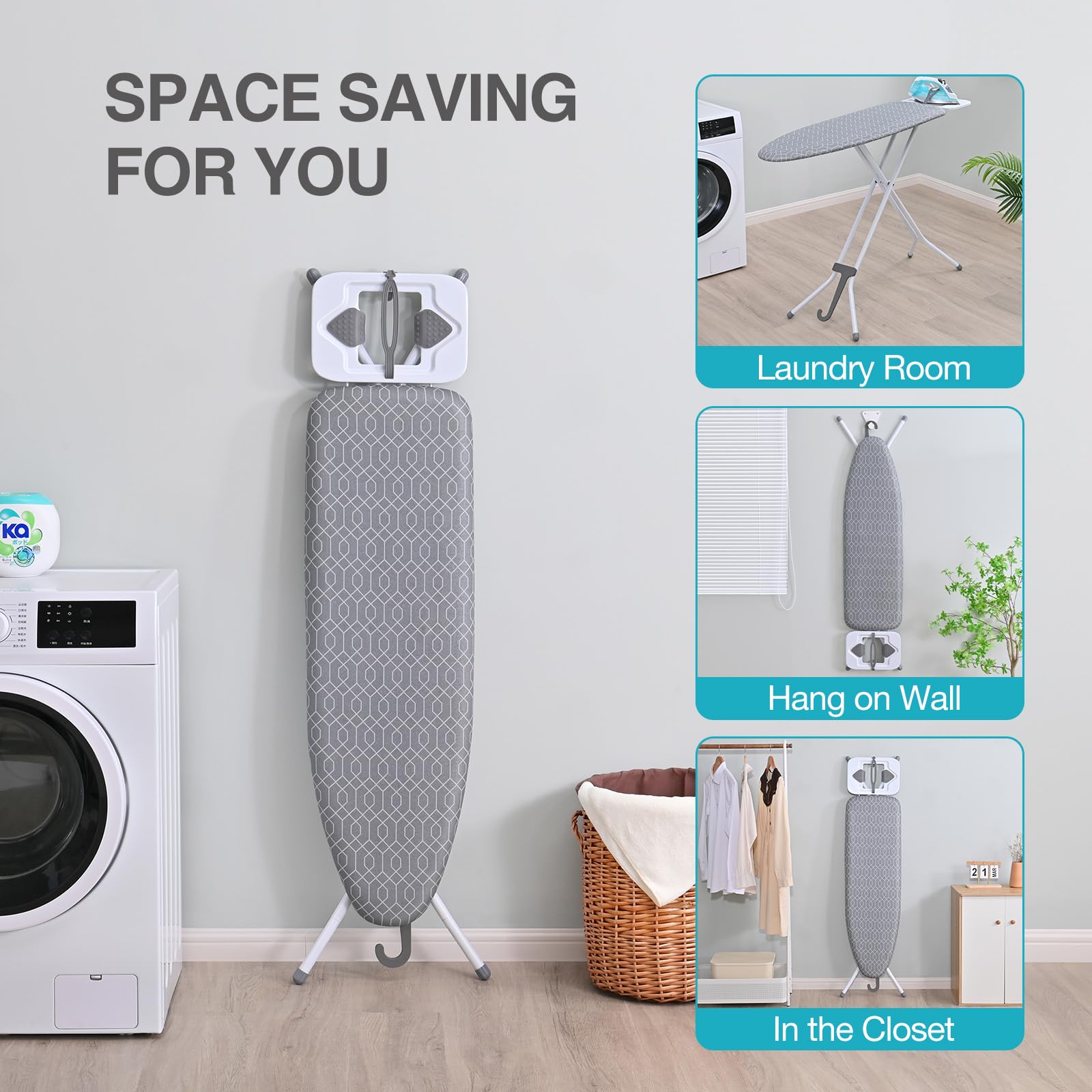 APEXCHASER Ironing Board, Portable Iron Board with Iron Rest, Heat & Scorch Resistant Fabric, Detachable Hook and Rubber Feet,7 Adjustable Heights, Heavy Duty Ironing Board for Home or Dorm Use,Grey