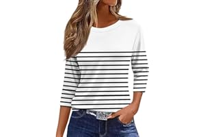 DBOWMN Tshirts Shirts for Women Crewneck 3/4 Sleeve Business Casual Tops for Women Striped Print Tees Summer Blouses