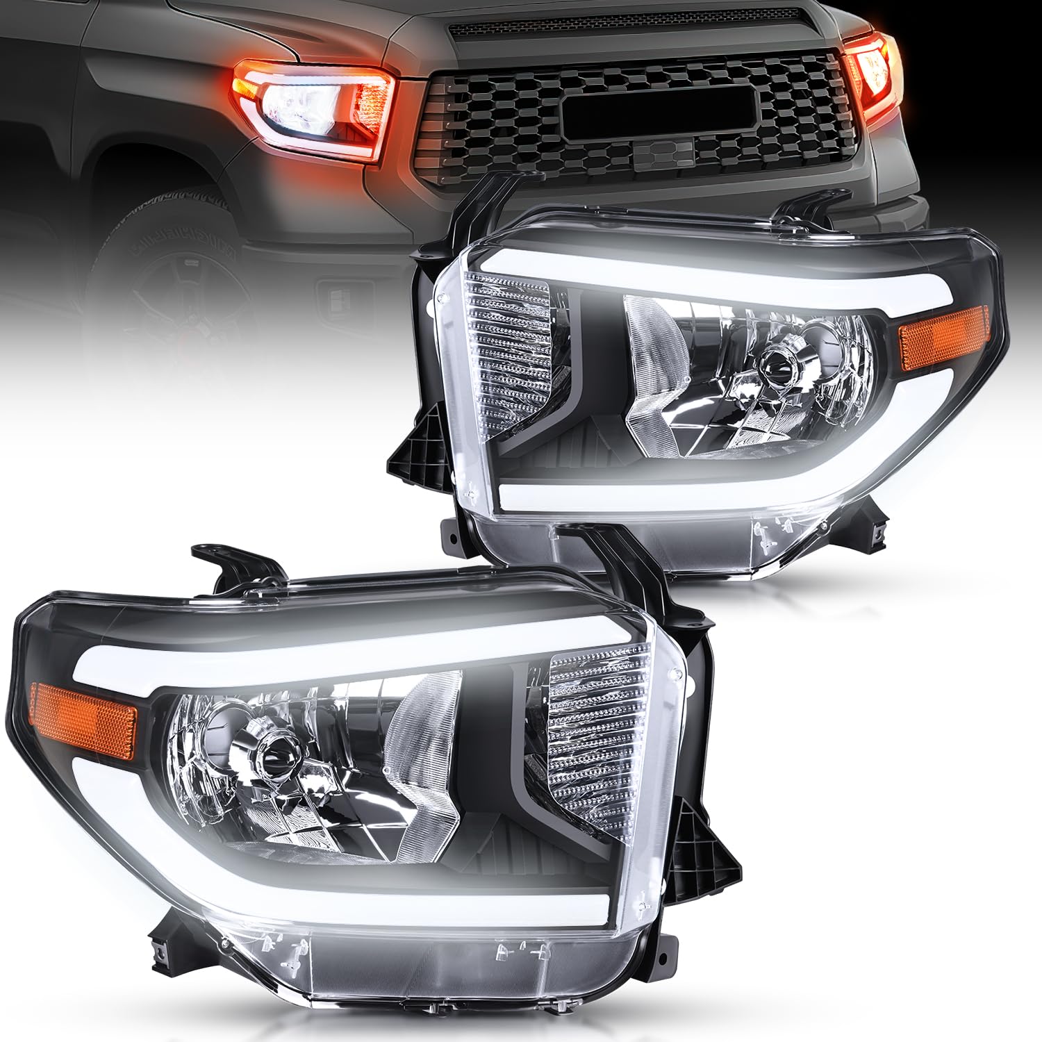 Photo 1 of Nilight LED DRL Headlight Assembly Compatible with 2014 2015 2016 2017 2018 2019 2020 2021 Toyota Tundra Clean Lens Black Housing Amber Reflector Clear Lens Headlamps Replacement