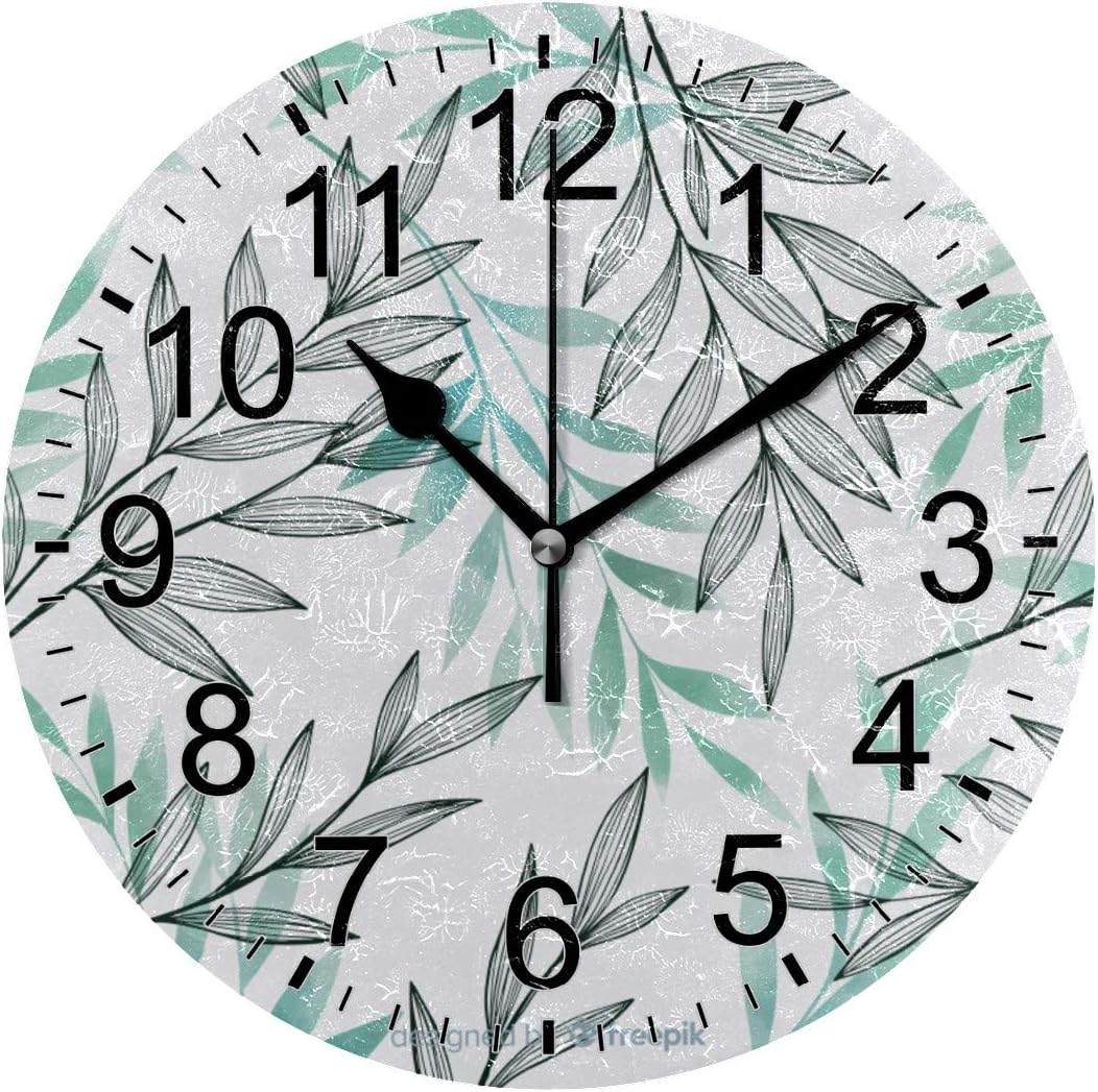 Reloj de pared para cuarto de baño con hojas grises y azules, reloj de