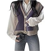 WDIRARA Women's Argyle Cardigan Sweater Vest Button Down V Neck Sleeveless Knit Tank Tops