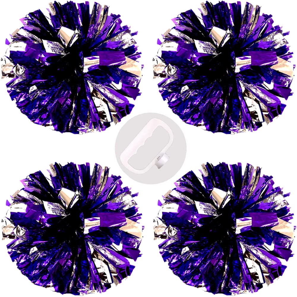 Photo 1 of PUZINE 4pack 13" Cheerleading Pom Poms with New Handle for Team Spirit Sports Dance Cheering Kids Adults 100g (4 Pack Purple and Silver)