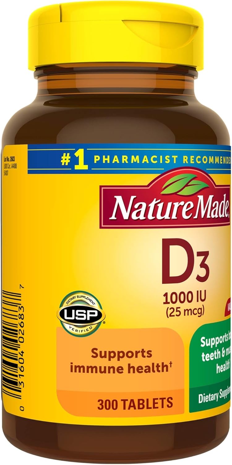 Nature Made Vitamin D3 1000 IU (25mcg) Tablets, 300 Count for Bone Health† (Packaging May Vary): Health & Personal Care