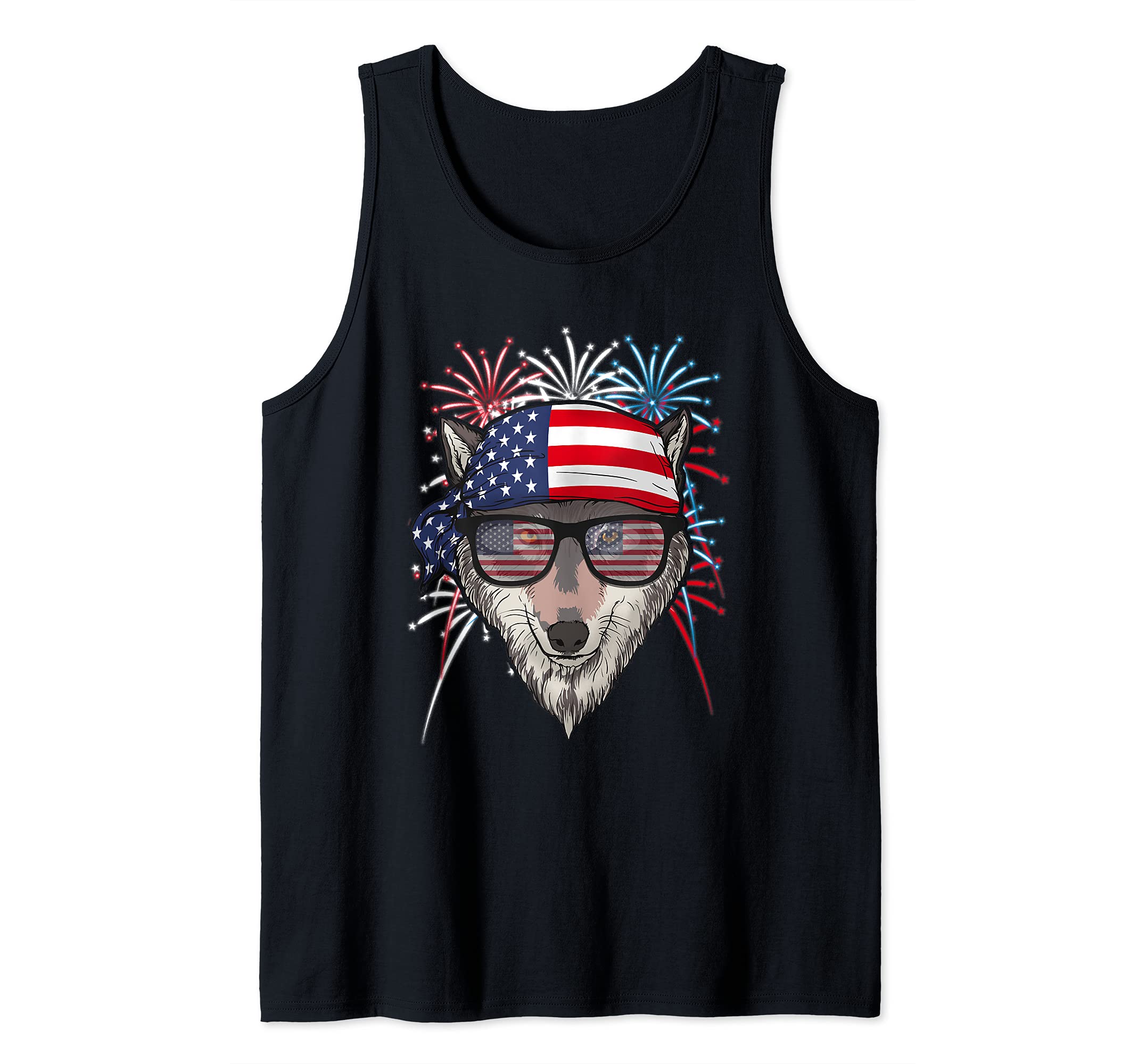 July 4th USA - Funny Patriotic Wolf Face Tank Top