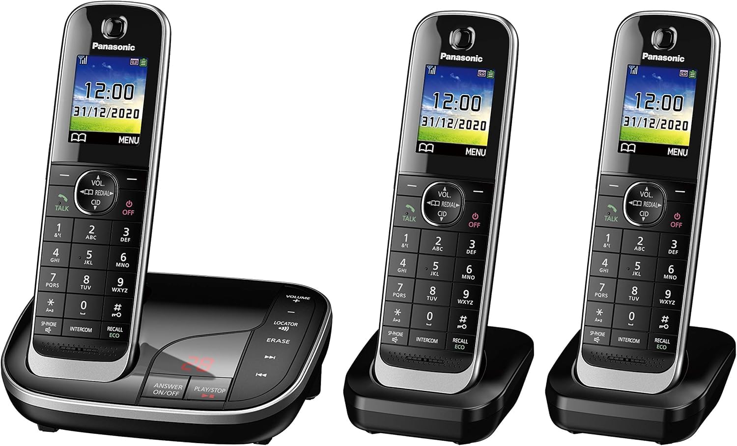 Panasonic KX-TGJ323EB Landline Phone Cordless, House phones, Nuisance Call Blocker, Answer machine, Colour Display, Triple Handset - Black โ image 1