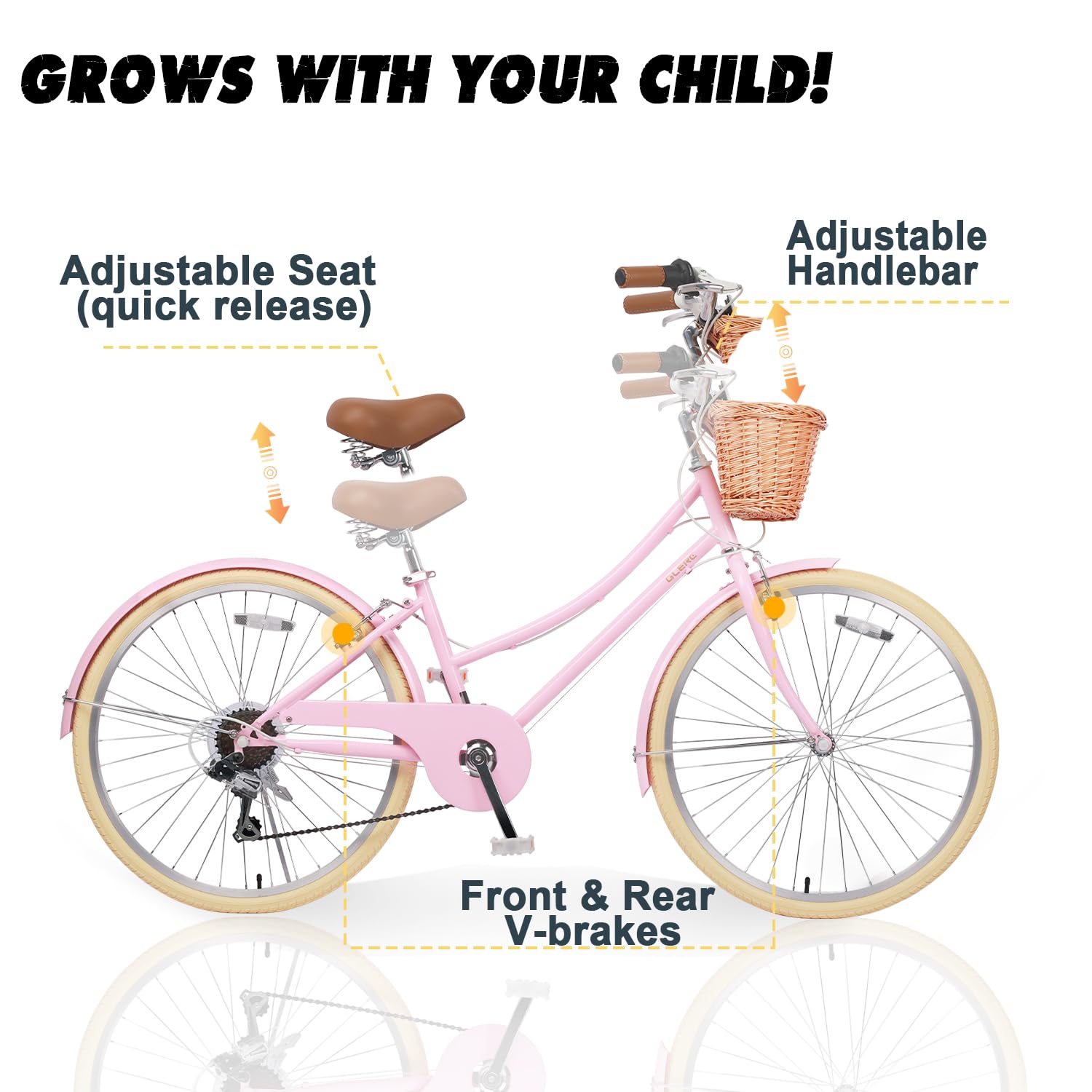 Glerc 20 24 26 Inch Beach Cruiser Bike, 6-Speed Hybrid City Bicycle for Girls Youth and Over 6 Years Old, Missy Bike with Wicker Basket & Lightweight, Multiple Colors