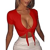 BORIFLORS Women's Sexy Tie Up Crop Top Short Sleeve Deep V Neck Casual Basic T Shirt