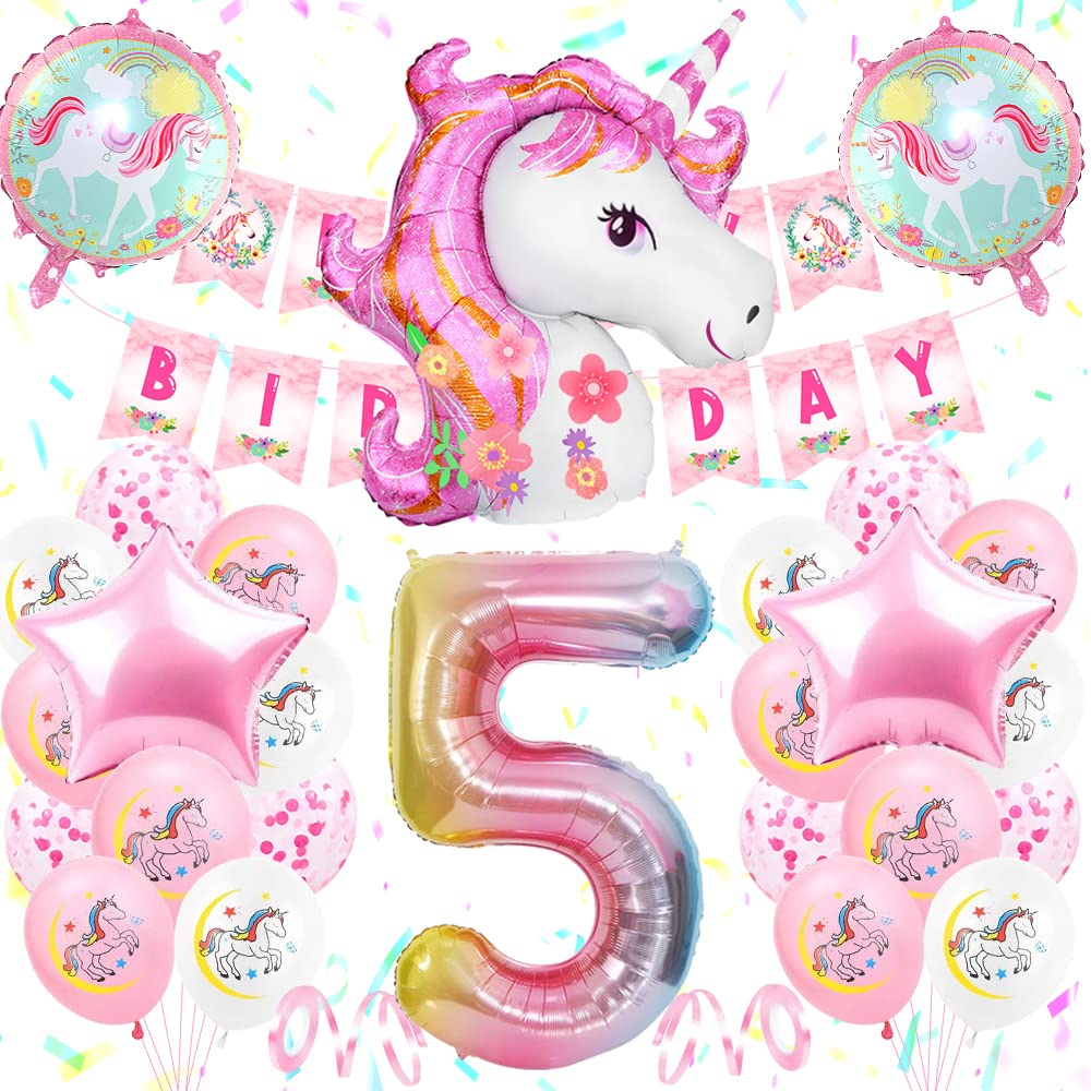 TOLOYE 5th Birthday Party Decoration Girls, Unicorn Birthday Decoration Set Pink, Large Number 3 Foil Balloon, Pink White Latex Balloons,3 Unicorn Party Supplies for Baby Girls (5th)