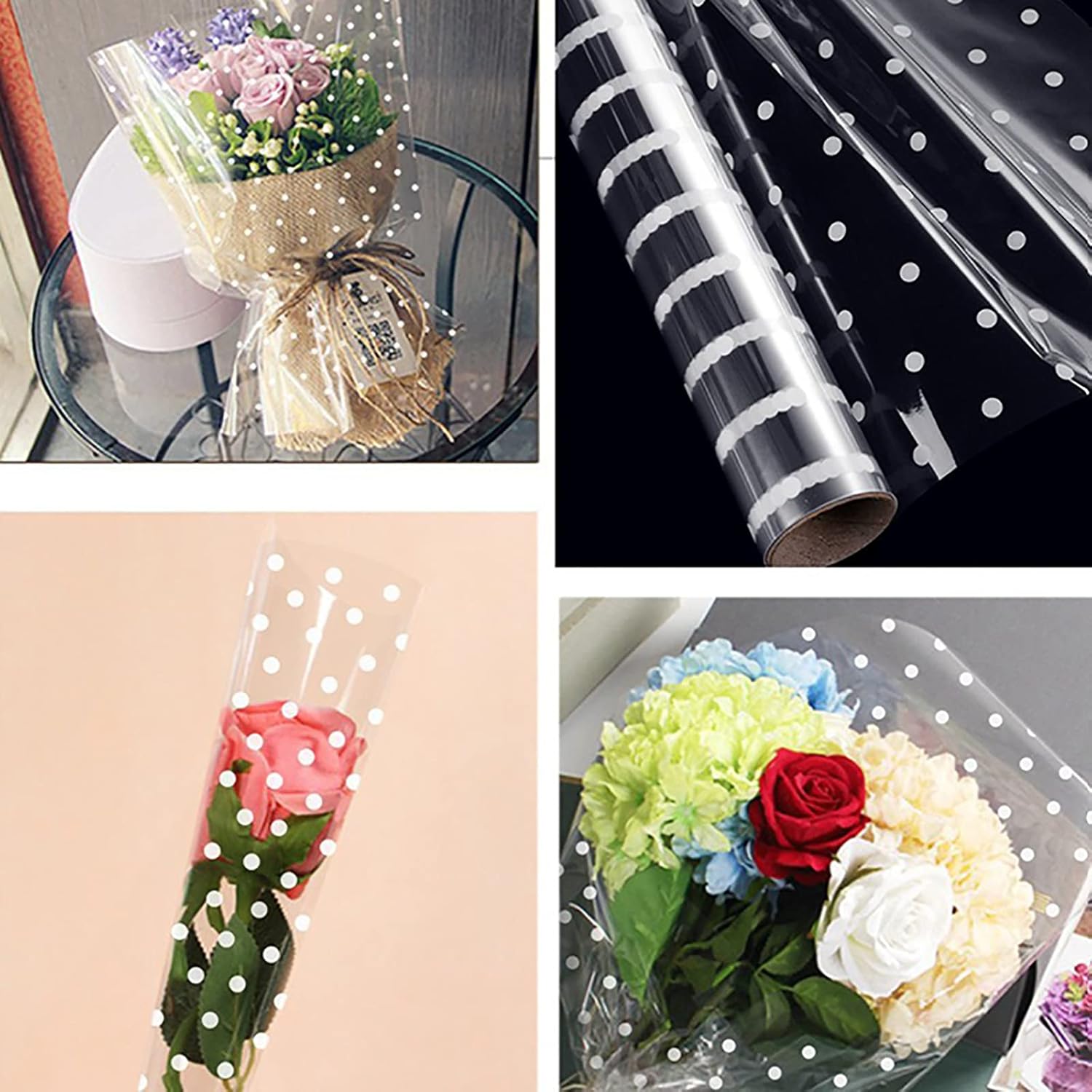 Cellophane Wrap Roll Unfolded Width 16 inch x 100 Ft White Dot Florist Paper Wrapper 3 Mil Thicken Long Film Gift Wrappings for Flowers,Basket,Food,Packing Paper: Everything Else