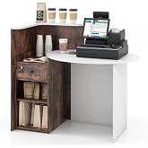 GIANTEX Reception Desk, Front Counter Desk with Lockable Drawer, Checkout Table with Round Tabletop, Corner Shelf &amp; Adjustable Shelf for Office Beauty Salon Retail Store (Brown &amp; White)