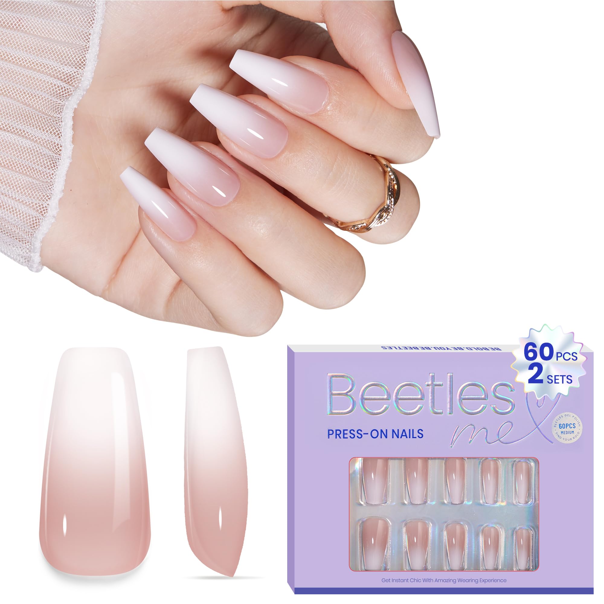 Beetles Press on Nails -15 Sizes Gradient Medium Coffin Press On Nails 60pcs Soft Gel Design Long Lasting Acrylic Fake Nails, No Need to File Fake Nail Tips DIY Nails Gift for Women