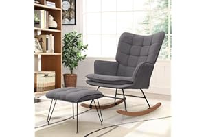 HOMMOW Nursery Rocking Chair with Ottoman, Comfortable Fabric Rocker Glider Chair with High Backrest,Dark Grey Armchair Comfy Side Chair for Nursery Bedroom Living Room