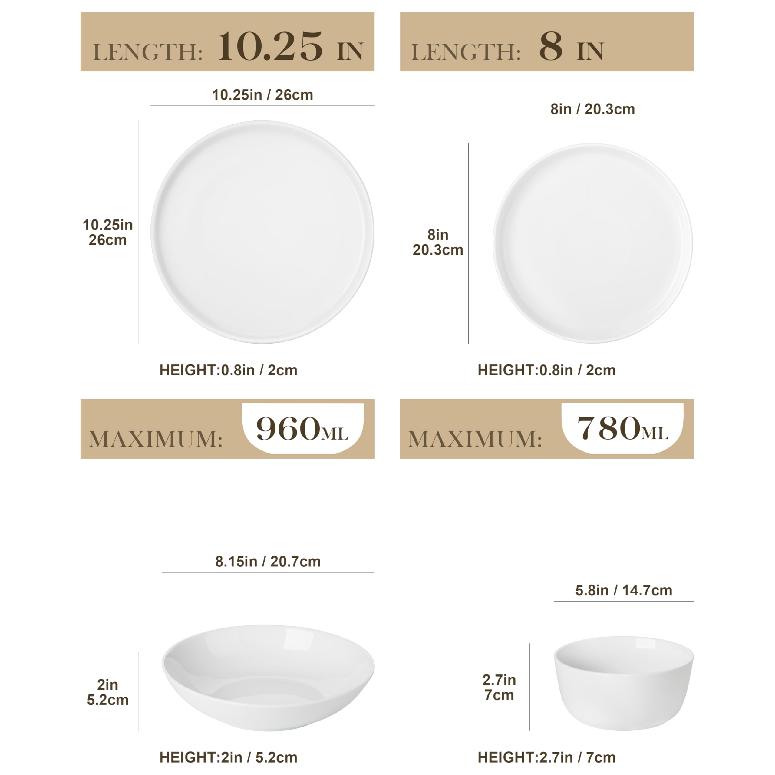 MALACASA Geschirrset 24-teilig, Porzellan Schüssel und Teller Set, Tafelservice 6 Personen, Weiße Speiseteller & Schalen, Rundes Essgeschirr Set, Spülmaschinen- & Mikrowellengeeignet, Serie LEXI 2