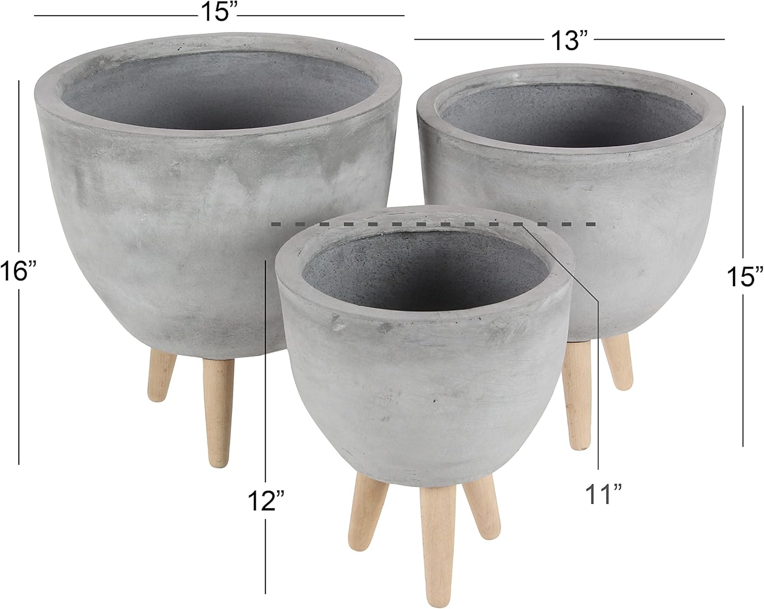 Deco 79 46469 Round Fiber Clay and Wood Planters (Set of 2), S/3 12", 15", 16" W, LightGray: Home & Kitchen
