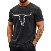 IOCVUFK Mens Western Country Cowboy Shirts Boho Bull Skull Graphic Shirt | Country Western Mens Tops Country Concert Acid Washed Tee Rodeo Outfits For Men Cowboy Western Outfits Retro Cowboy Tops