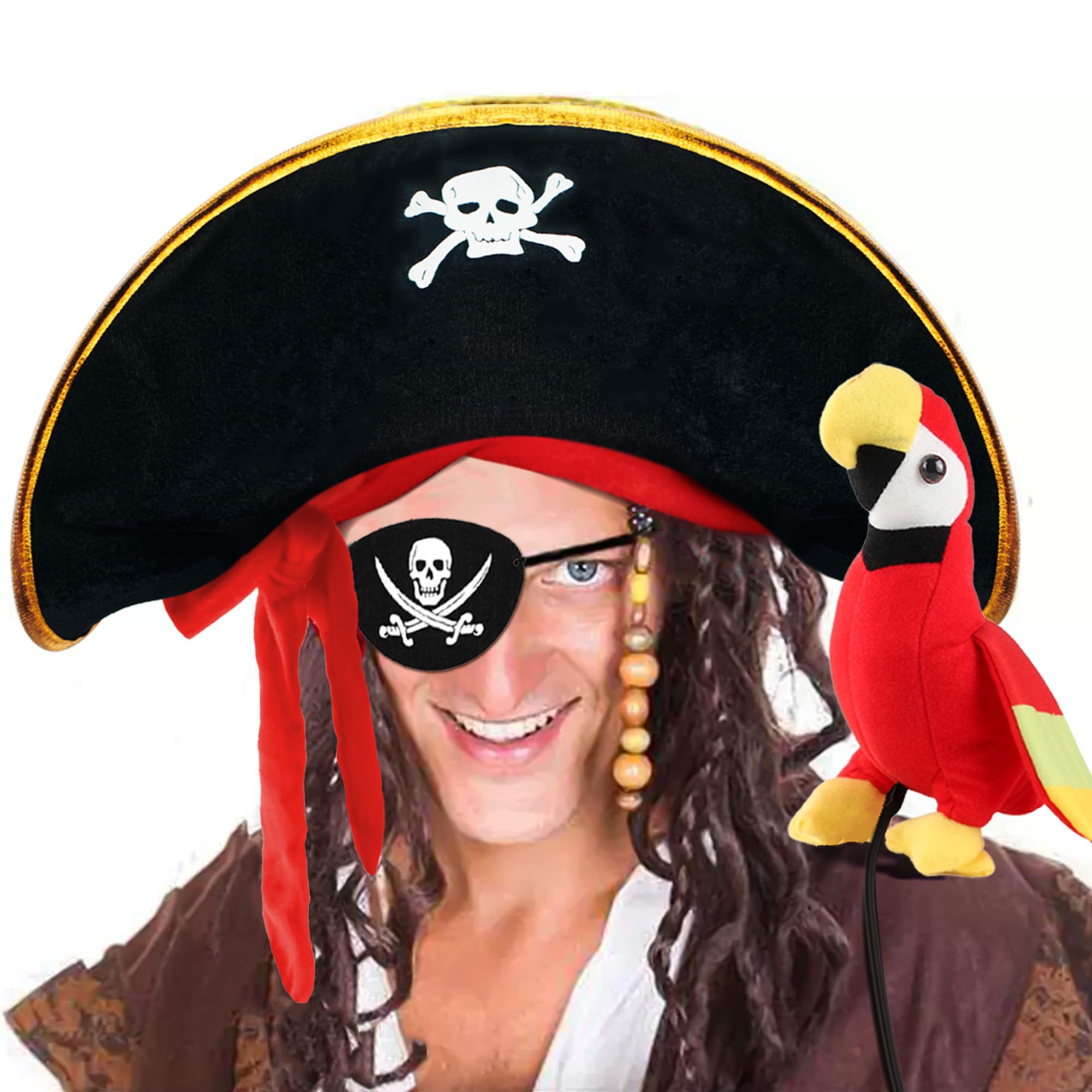 D-Fokes 3 PCS Kids Pirate Costume Accessories Set, Black Skull Print Pirate Hat Red Plush Parrot Adjustable Eye Patch, Stuffed Parrot for Shoulder, Halloween Birthday Party Cosplay
