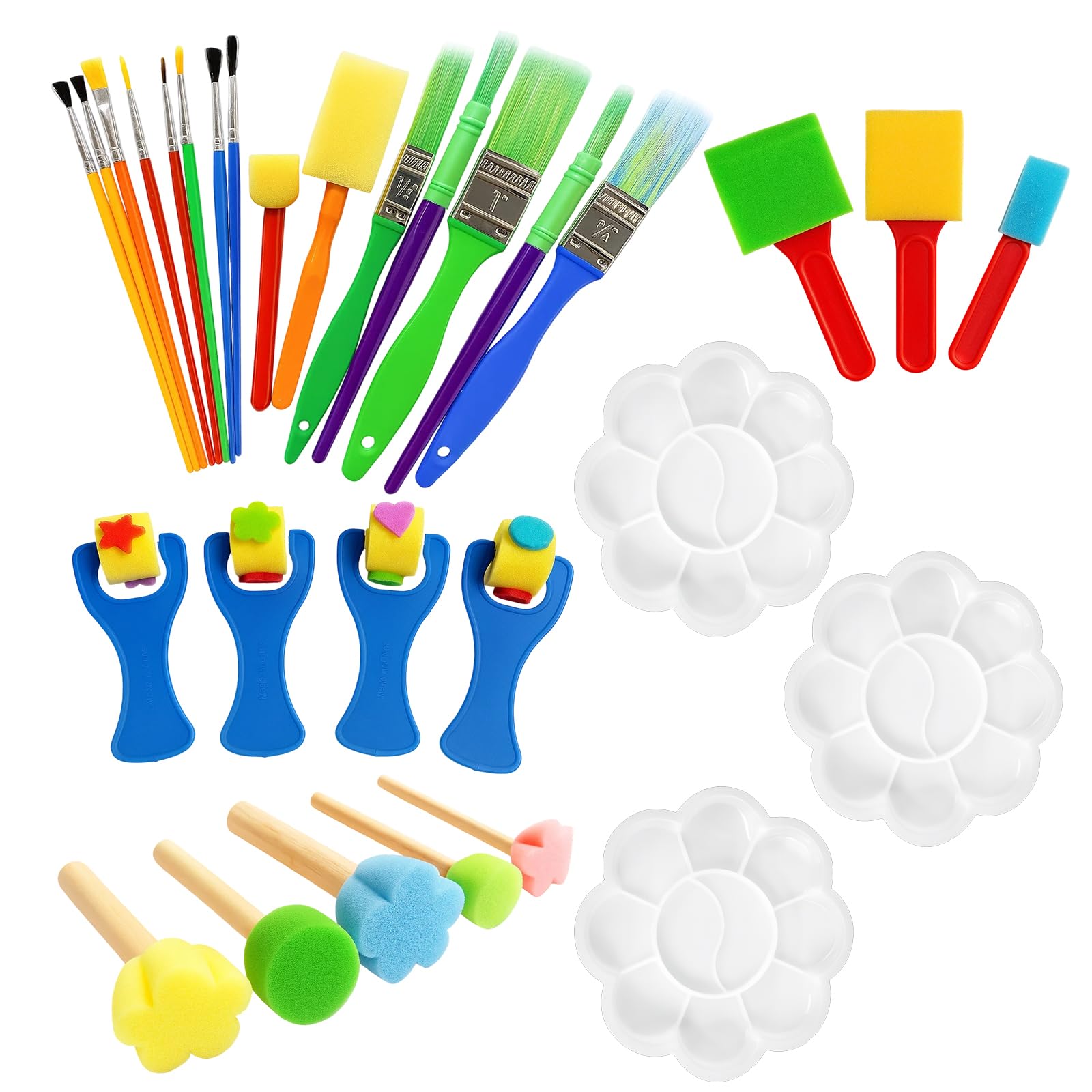 Kids Paint Brushes, 30-Piece Painting Set for Children, Includes 5 Mushroom Brushes, 15 Brush Set, 3 Flat Brushes, 4 Sponge Rollers, 8cm Plum Blossom Palette, Ideal for Art Projects and Early Learning