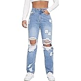 WDIRARA Women's High Waisted Ripped Straight Leg Jeans Cut Out Button Denim Pants
