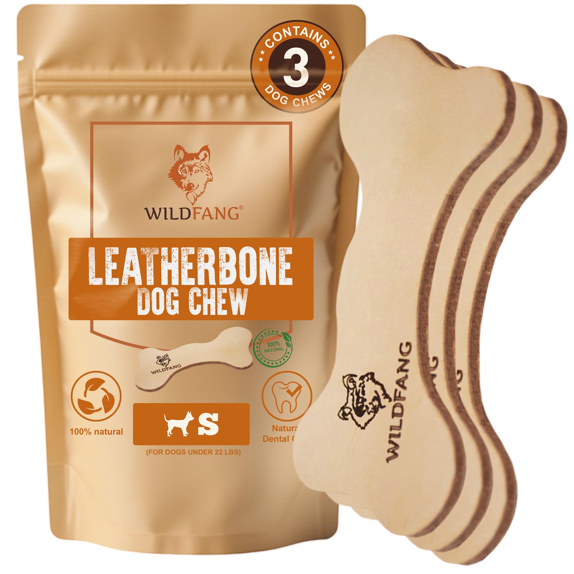 Wildfang® Dog Chew Toys, Small - Leather Bone Puppy Teething Toys, Dog Teeth Cleaning Bone, Adult Dogs Chew Toy for Light to Medium Chewers (For Dogs Under 10kg), Pack of 3