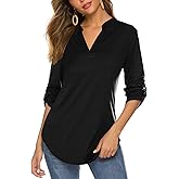 Halife Women's Roll Up 3/4 Sleeve Floral Print V Neck Tunic Blouses Tops Shirts