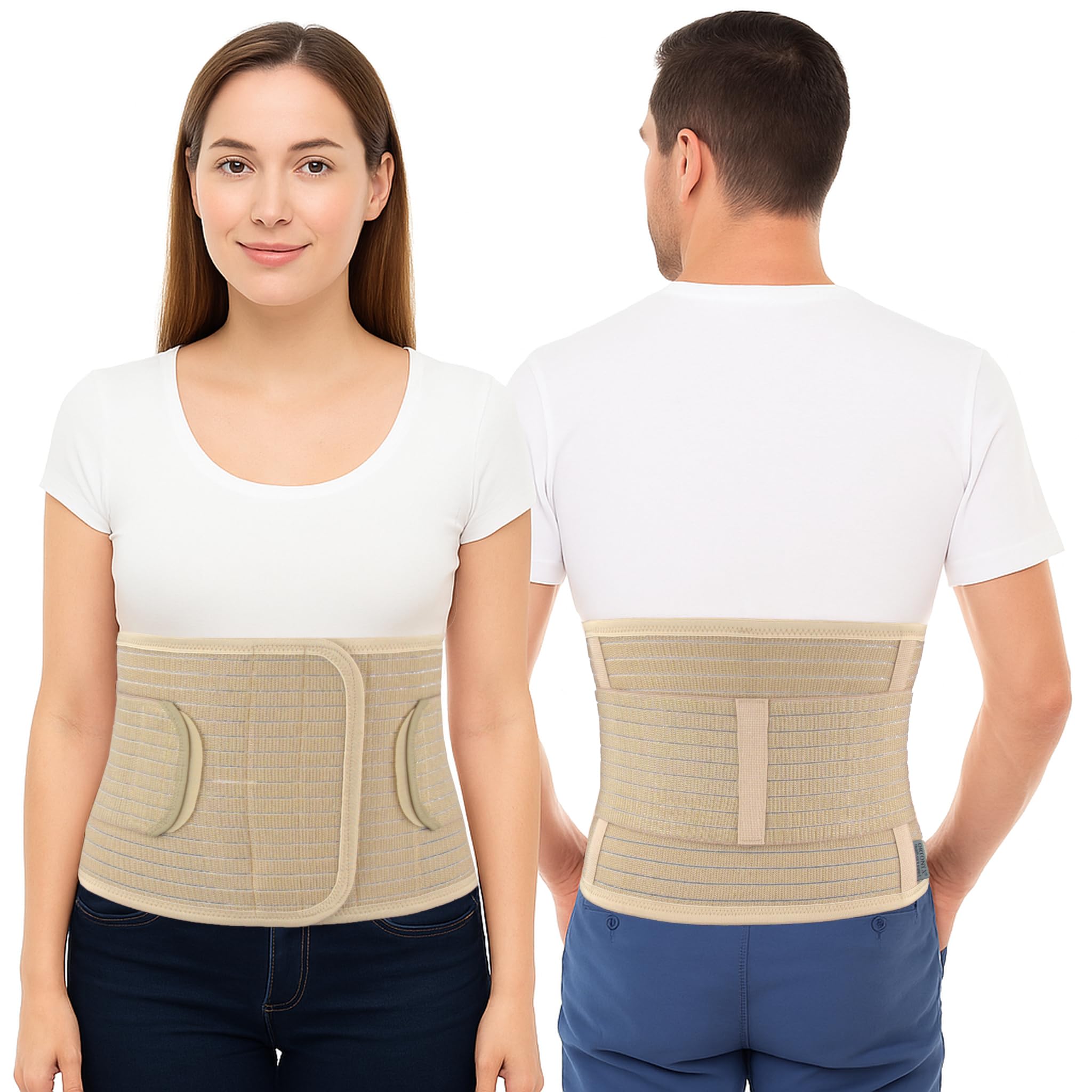 ORTONYX Ergonomic 9.5" Abdominal Binder - Postpartum Postoperative Wrap - Abdomen Hernia Support Belt for Men and Women - S/M (22"-33") Beige
