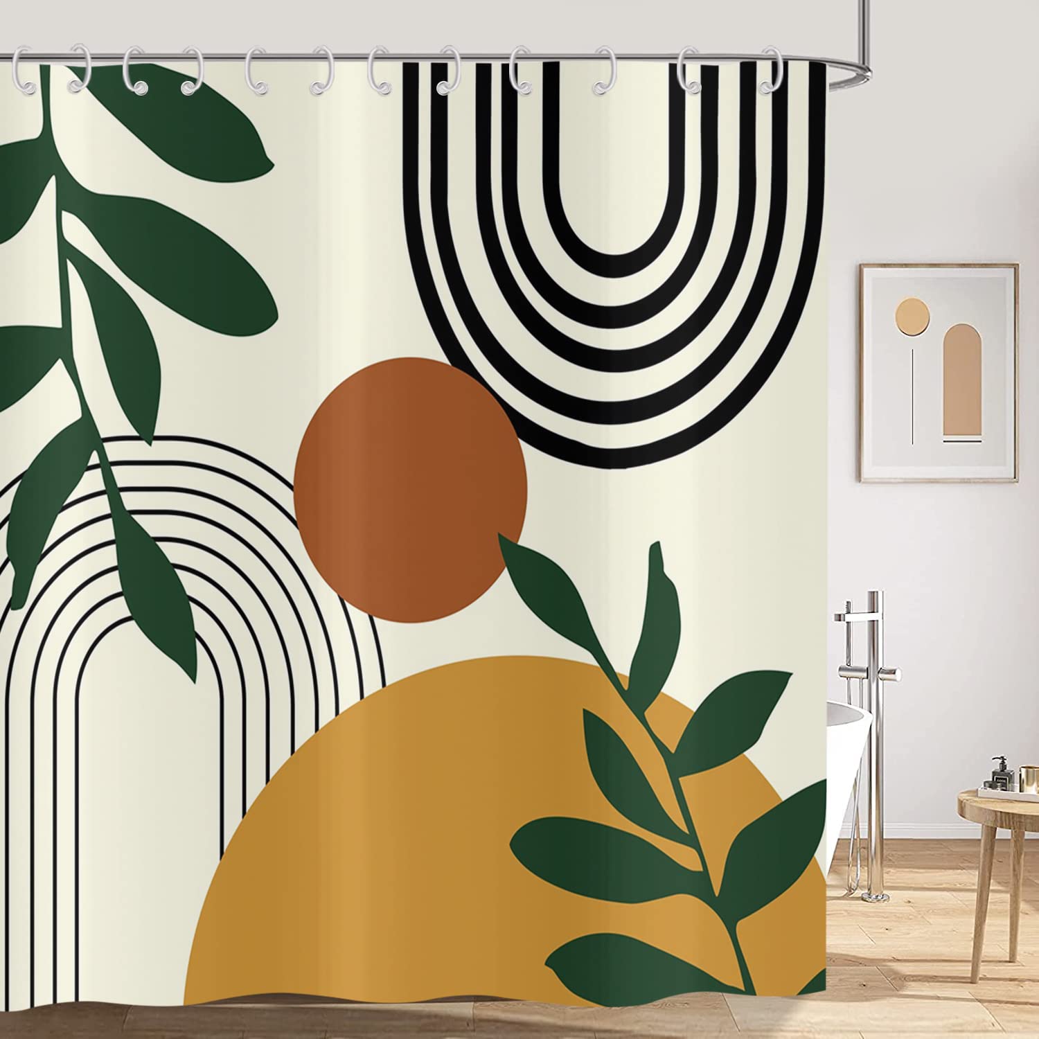 Hnmdmyi Boho Shower Curtain 180x180, Mid Century Abstract Arch Sun Green Leaf Beige Bathroom Curtains Modern Minimalist Aesthetic Art Waterproof Polyester Fabric Washable Bath Curtains with Hooks — image 1