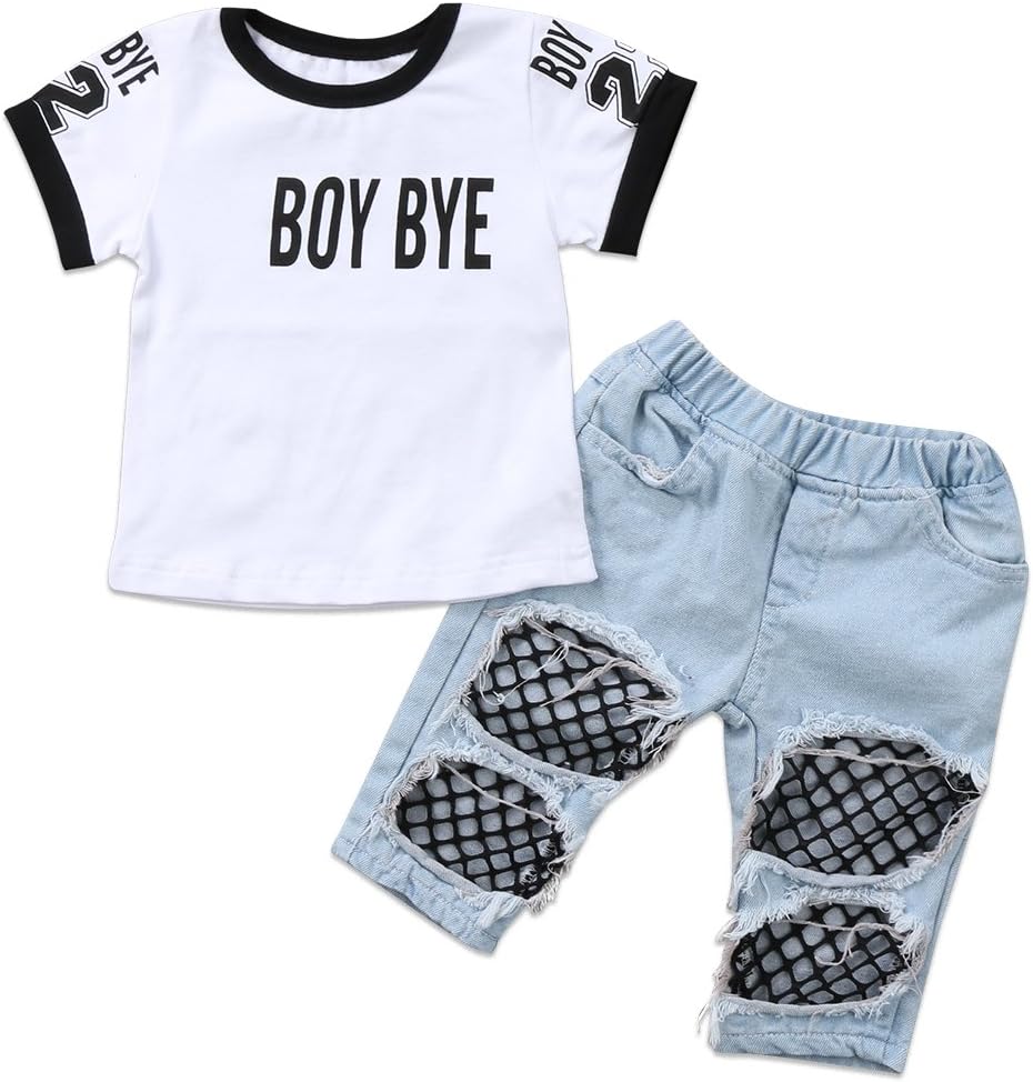 Kids Baby Girls T-Shirt Tops Summer Autumn Mesh Hole Denim Pants Jeans Harem Leggings Outfits Clothes