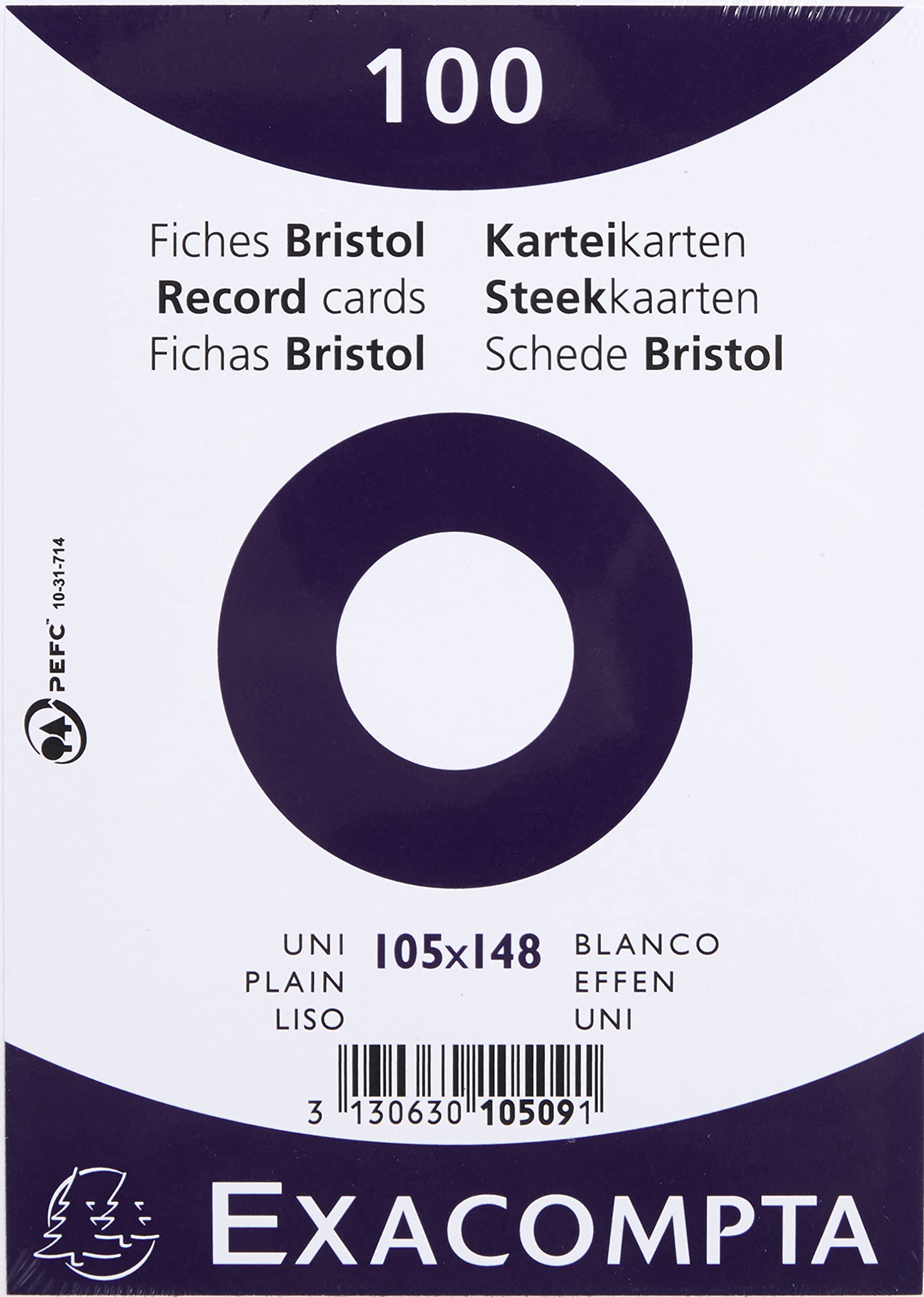Exacompta - Ref 10509E - Bristol Plain Record Cards (Pack of 100) - A6 in Size, 205gsm Card, Compatible with Printers - Suitable for Exam Revision & Notes - White