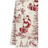 QWZDRHYJI Red Chinoiserie Christmas Santa Kitchen Towels, Vintage Toile Christmas Tree Dish Tea Towels for Kitchen, Xmas Tree Santa Claus Decorative Hand Towels for Bathroom, 16x24 Inch
