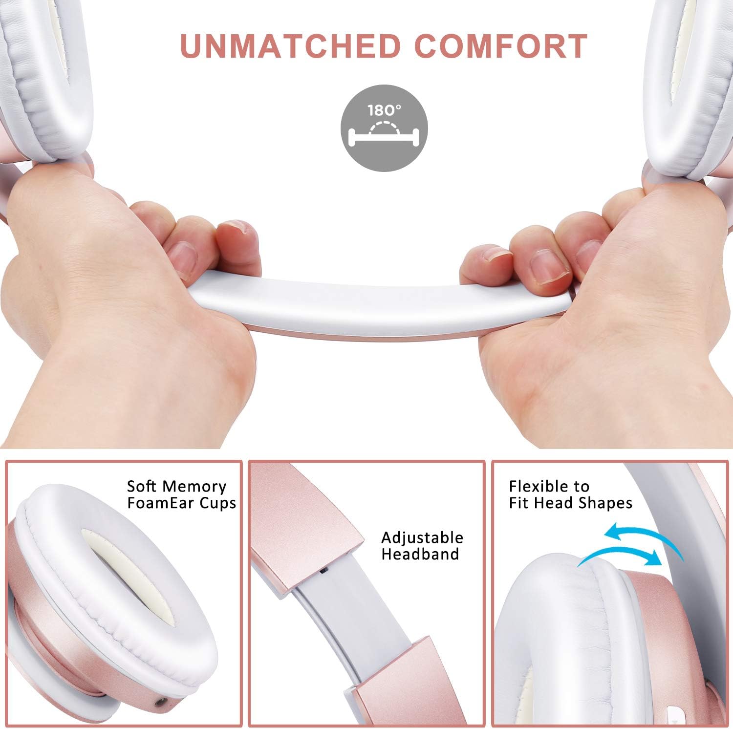 Bluetooth Over-Ear Headphones, Zihnic Foldable Wireless and Wired Stereo Headset Micro SD/TF, FM for Cell Phone,PC,Soft Earmuffs &Light Weight for Prolonged Waring (Rose Gold)
