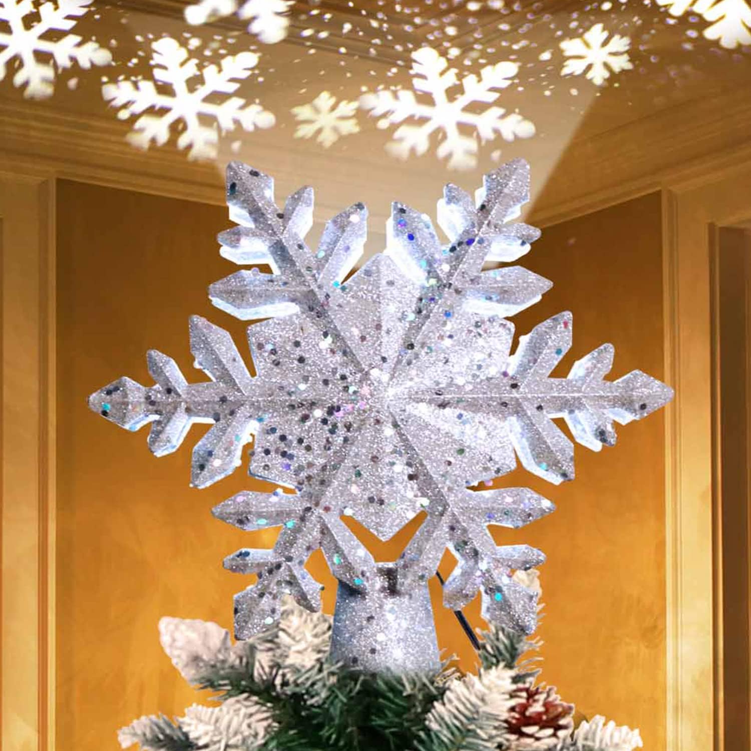 Tree Toppers - AerWo Christmas Tree Topper Lighted Snowflake Tree Topper with Magic Rotating Snowflake Projector, 3D Glitter Projector Xmas Tree Topper for Christmas Tree Decorations