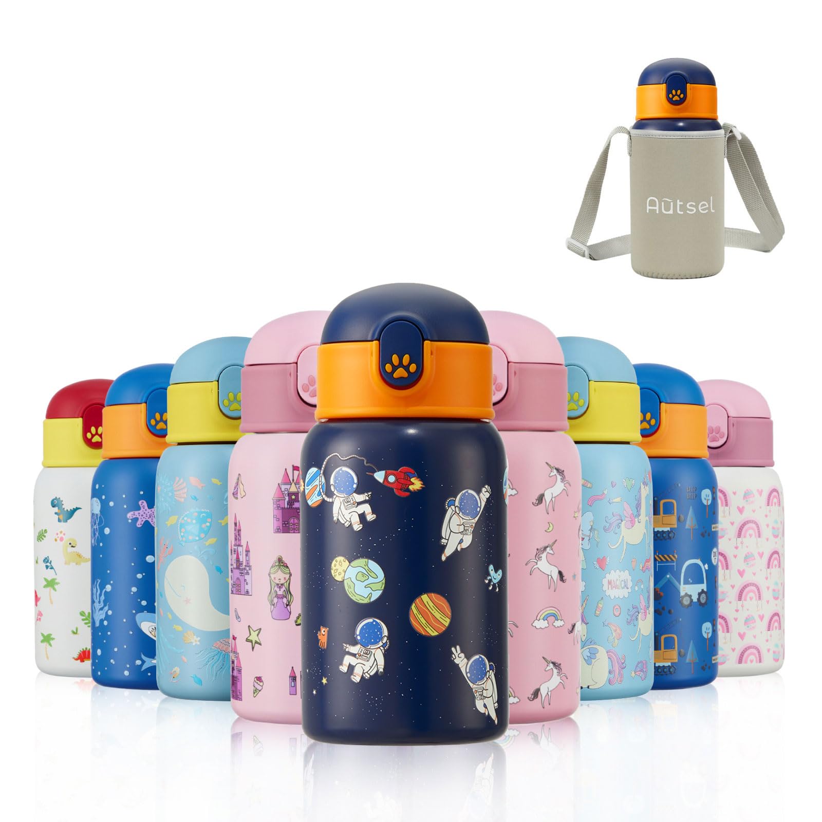Autsel Kids Water Bottles with Straw 400ml, Childrens Insulated Water Bottle Stainless Steel BPA-Free, Kids Metal Water Bottle for Girls/Boys, Keep Hot/Cold — image 1