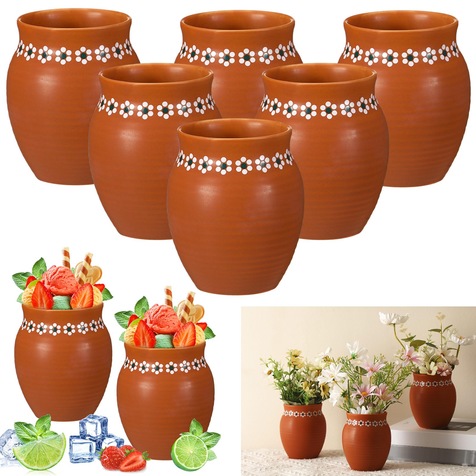 Photo 1 of Ninehaoou 6 Pcs 16oz Cantaritos De Barro Mexicanos Terracotta Vases Sets Mexican Ceramic Vases with Flower Print Clay Margarita Glasses for Mexican Wedding Table Decorations Fiesta Centerpieces