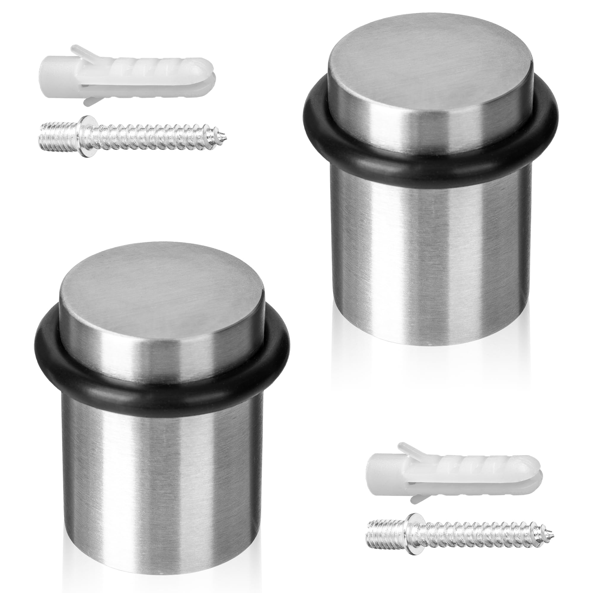 ECENCE Door Stoppers for Floor 2 Pieces, Door Stop Ø1.18x1.57inch (Ø30x40mm) Wall Protector, Solid Stainless Steel Floor Mount with Screws and Dowels Brushed