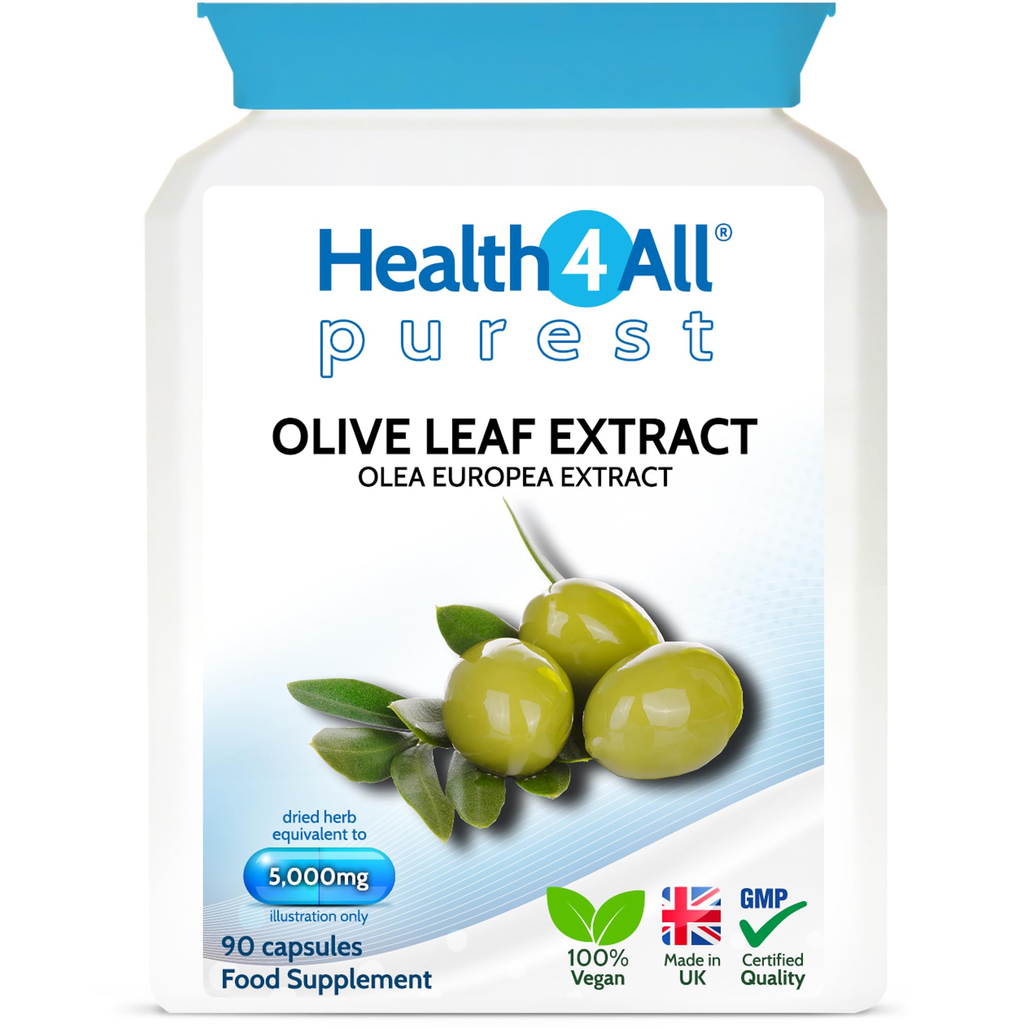 Health4All Olive Leaf Extract - 100mg Oleuropein Per Capsule | 90 Vegan Capsules (3 Month Supply) 20% Standardised 10:1 Extract from Wild European Leaves | No Additives | Immune & Heart Support
