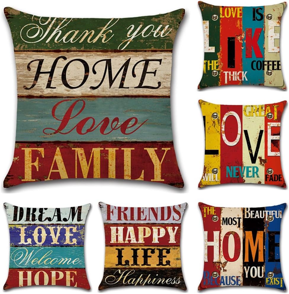 HuifengS Linen Throw Cushion Pillow Covers Square Pillowcase Letter Style Decorative for Sofas Beds Chairs Cushion Cover Set of 6, 18 x 18 Inch