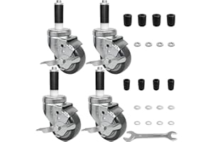 MySit 3 Inches Prep Table Wheels Set of 4, Expanding Stem Casters with Side Brake Fit 7/8", 1", 1-1/8", 1-1/4", 1-3/8"ID Tube Pipe Legs for Stainless Steel Kitchen Cart, Wire Shelving Racks