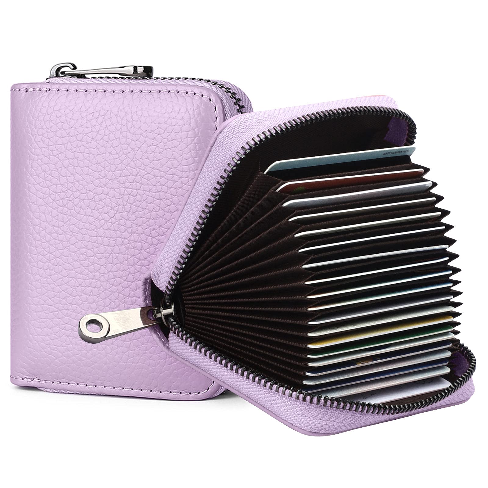 Goopai RFID 20 Card Slots Credit Card Holder Genuine Leather Accordion Card Case Small Wallet for Women or Men with Zipper (Lavender)