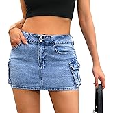 Womens Cargo Skirt Y2k Low Waist Button Bodycon Denim Mini Skirt with Flap Pockets